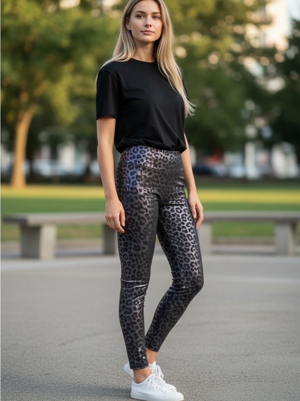 Gianni Bini Black Shiny Leopard Print Leggings